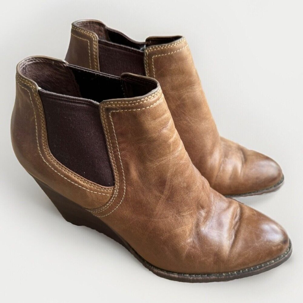 Cole Haan Womens 9 Balthasar Wedge Ankle Boots Chestnut Brown Leather Rustic